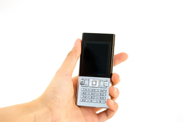 Κινητό τηλέφωνο στο χέρι που απομονώνονται λευκό. — Φωτογραφία Αρχείου
