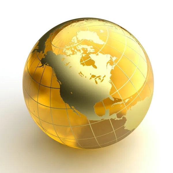 Бурштиновий глобус із золотими континентами на білому тлі — стокове фото