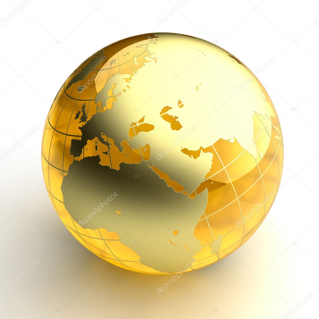 Amber globe with golden continents on white background