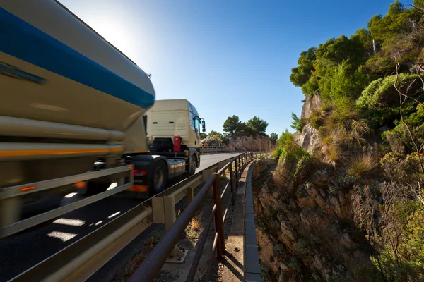 El camión moderno conduce rápido en el puente de montaña —  Fotos de Stock