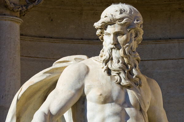 Close up of the Neptune statue of the Trevi Fountain