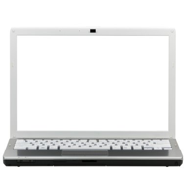 laptop önünde izole kırpma yolu ile beyaz adam