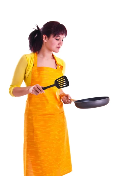 Γυναίκα με ένα τηγάνι — Φωτογραφία Αρχείου