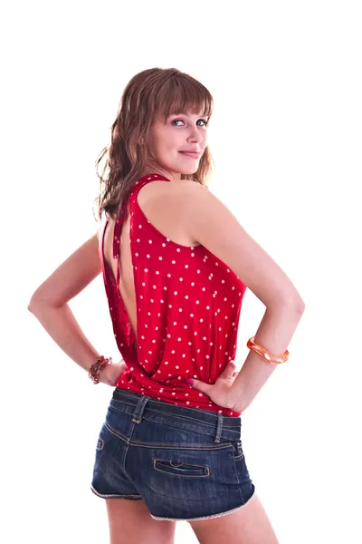Kırmızı benekli bluz kadın — Stok fotoğraf