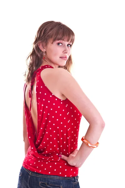 Femme en chemisier tacheté rouge — Photo