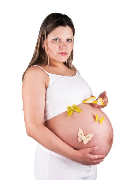 Kelebekler ile oldukça hamile kadın — Stok fotoğraf