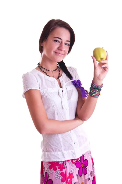 Kobieta w koszuli z jabłkiem — Zdjęcie stockowe