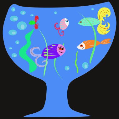 5 fishes in aquarium on black background clipart