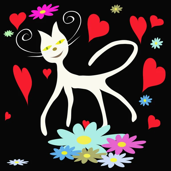 Çiçek ve kalp siyah zemin üzerine beyaz kedi — Stok Vektör