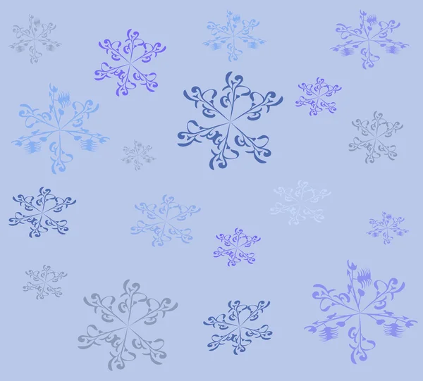 Los copos de nieve en la luz se vuelven fondo azul — Vector de stock