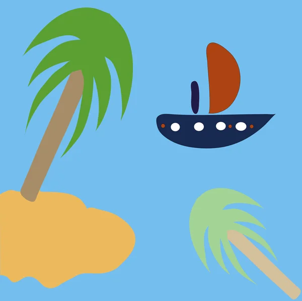 Nave e isola con palma — Vettoriale Stock