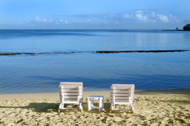 Two benches on the beach, early morning clipart