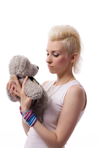 Beautiful girl with blonde hair and toy bear — Stock Photo, Image