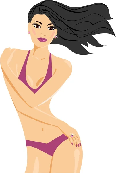 Brunette dalam bikini burgundy - Stok Vektor