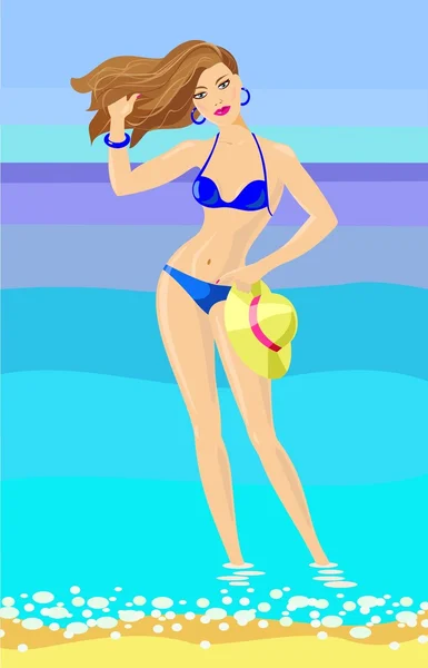 Chica en playa de mar — Vector de stock
