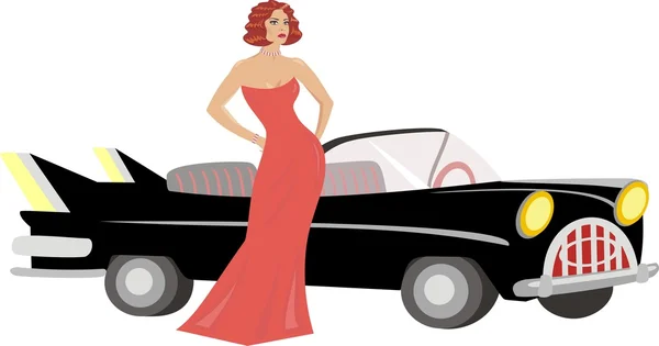 Damen i röd klänning bredvid en bil — Stock vektor