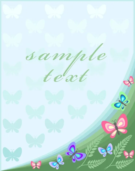 Postkarte mit verschiedenen Schmetterlingen auf blauem Hintergrund — Stockvektor