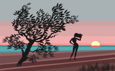 kadın günbatımı sahilde hayran.