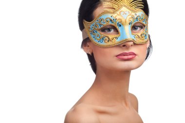 Beautiful woman wearing blue carnival mask clipart