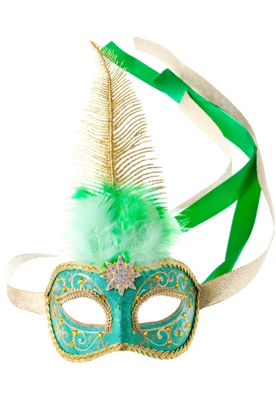 Zelené a zlaté pernaté karnevalovou masku — Stock fotografie