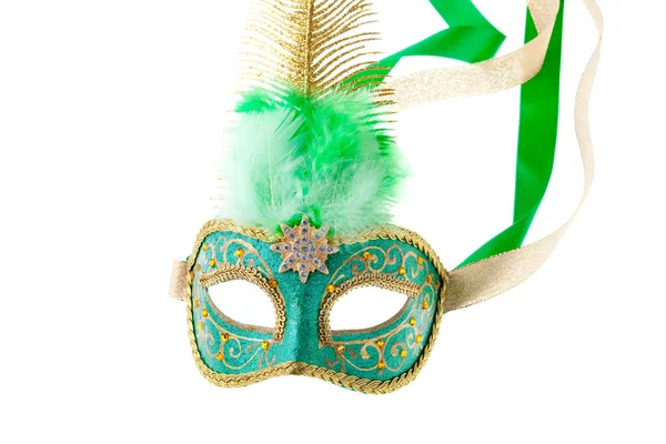Zöld és arany tollas karneváli maszk — Stock Fotó