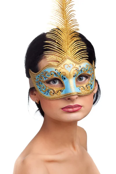 Hermosa mujer con máscara de carnaval azul — Foto de Stock