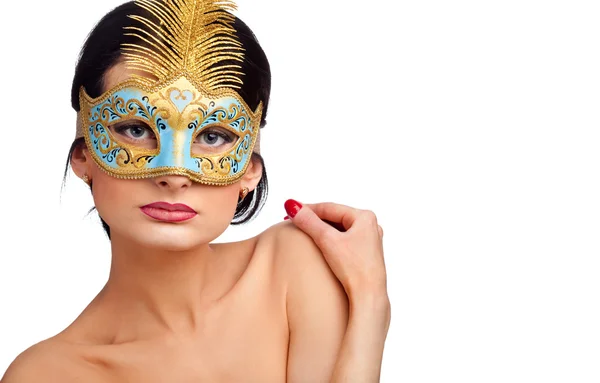 Bella donna indossando maschera di carnevale blu — Foto Stock