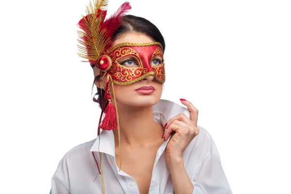 Beautiful young woman wearing red carnival mask — Stock Photo, Image