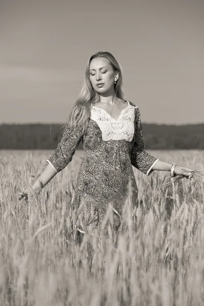 Menina beleza no campo de trigo — Fotografia de Stock