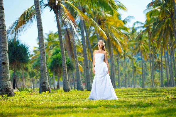 Young bride in dress outdoors — Stok fotoğraf