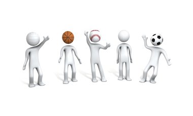 Basketbol, futbol, tenis, beyzbol, golf ve futbol oynarken erkekler.