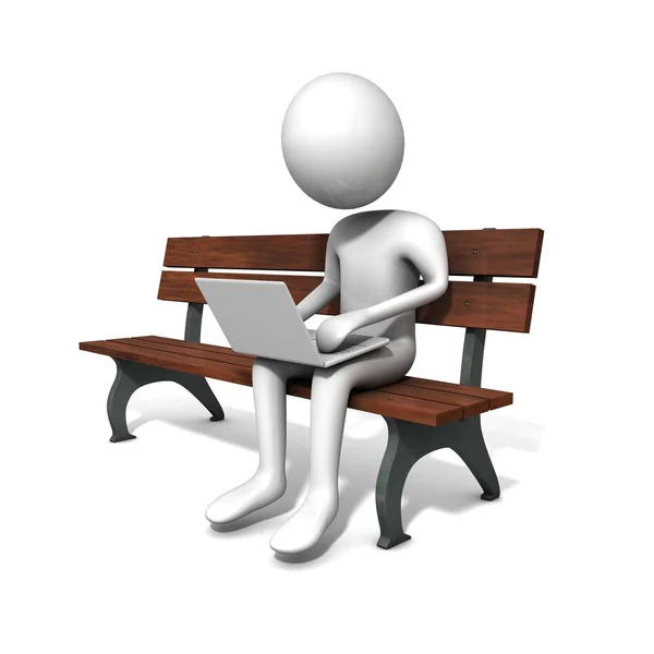 Hommes assis sur le banc avec un ordinateur portable blanc . — Photo
