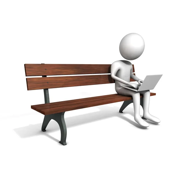 男子坐在长凳上用白色笔记本电脑. — 图库照片