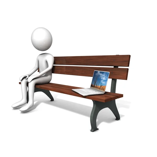 男子坐在长凳附近白色笔记本电脑上. — 图库照片