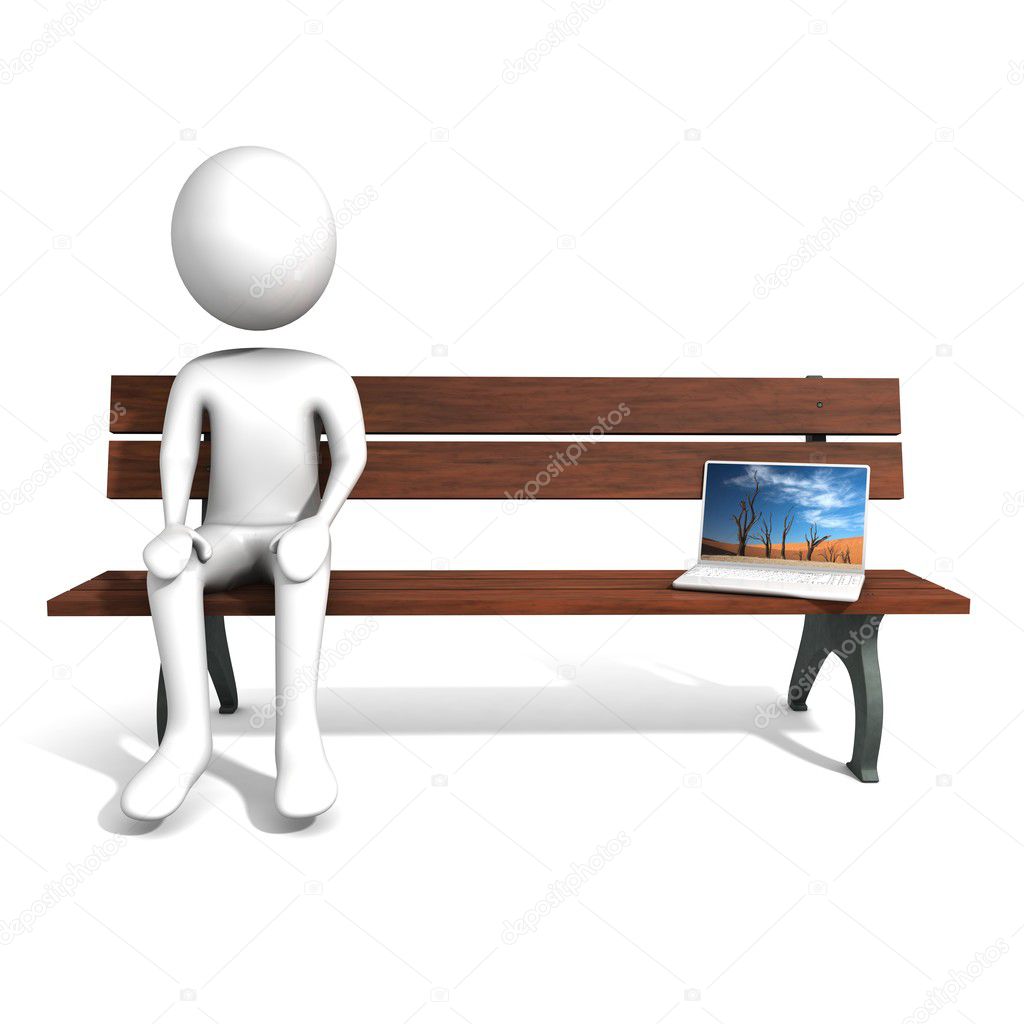 Men sitting on the bench near white laptop.