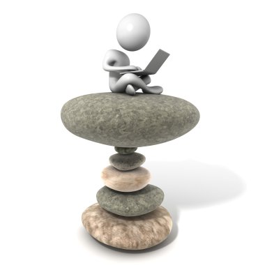 Young man sitting on stack of stones with the Laptop. clipart