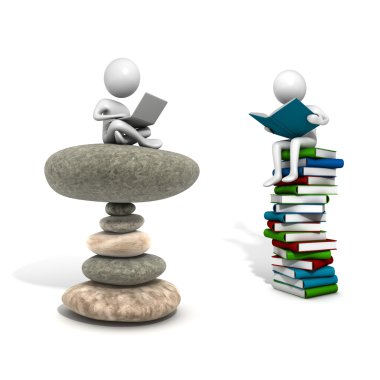 Man sitting on stack of stones with the Laptop and another one with book clipart