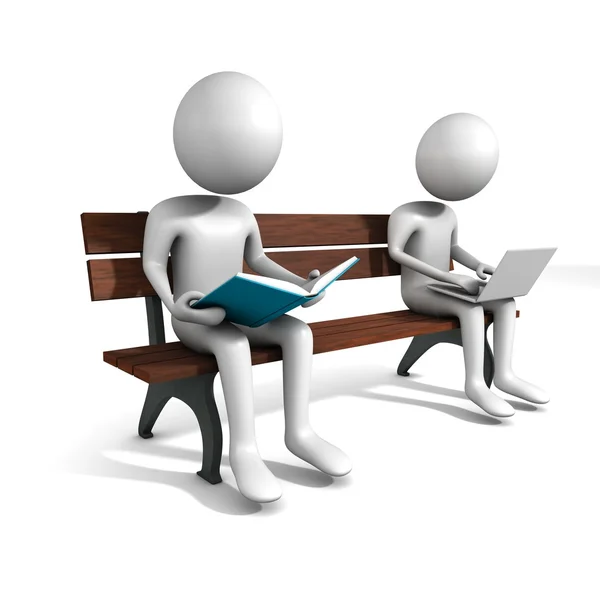 Homem está sentado no banco com laptop branco e um livro . Imagens De Bancos De Imagens