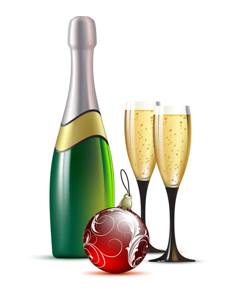 Champagne with fir ball — Stock Vector