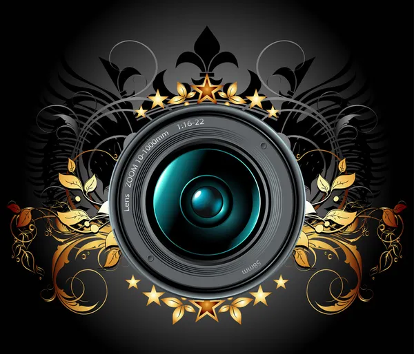 Objectif photo appareil photo avec des éléments ornementaux — Image vectorielle
