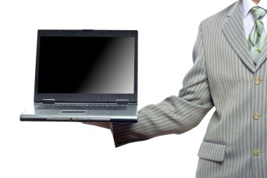 Businessman holding laptop clipart