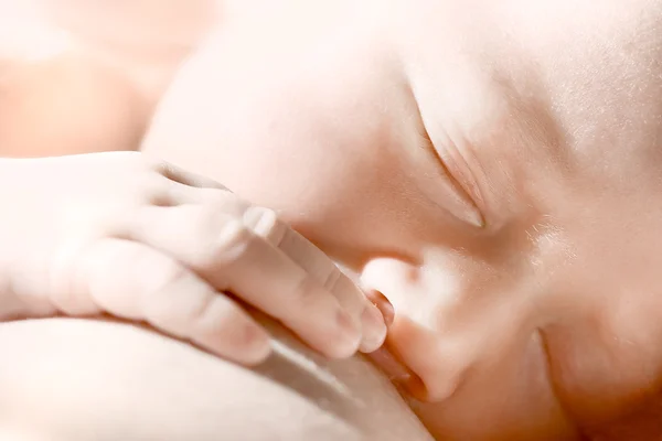 Bebê recém-nascido que come leite materno — Fotografia de Stock