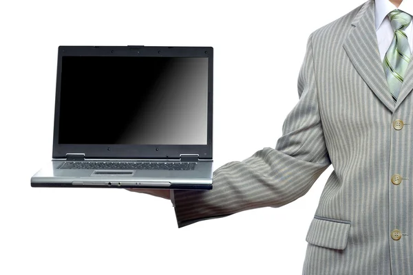 Affärsman anläggning laptop — Stockfoto