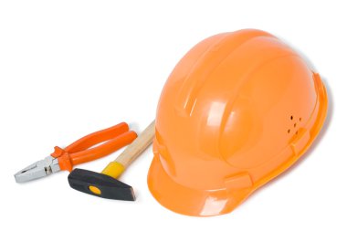 Isolated orange helmet, pliers and hammer clipart