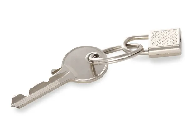 Изолированный металлический серебряный ключ с замком — стоковое фото