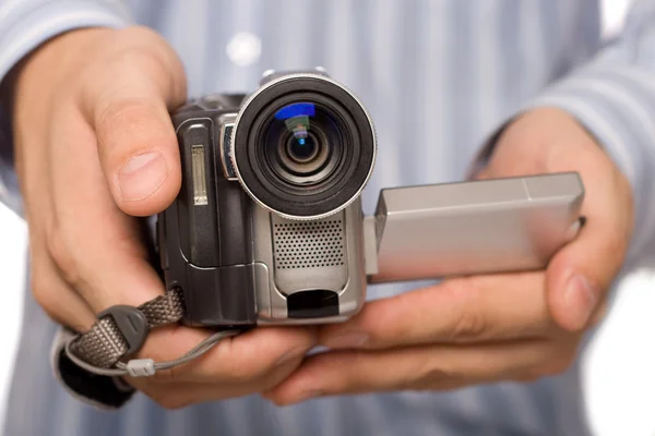 MiniDV camcoder in man hands — Stock Photo, Image