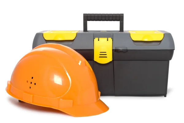 Helmet and toolbox isolated — Stock Photo, Image