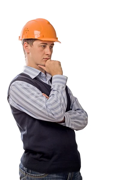 オレンジ色のヘルメット思考でエンジニア リングします。 — ストック写真