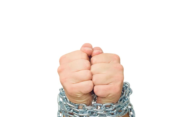 Muž ruce izolované na bílém s řetězem — Stock fotografie