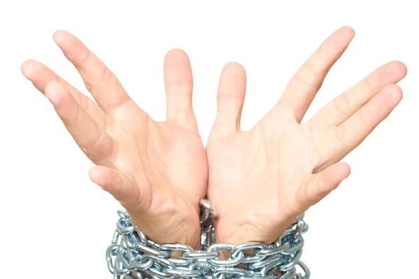Člověk dlaněmi rukou izolovaných na bílém s řetězem — Stock fotografie